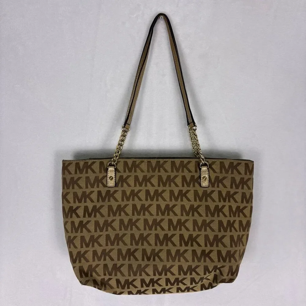 Michael Kors Brown Monogram Large Shoulder Purse with‎ Gold Straps